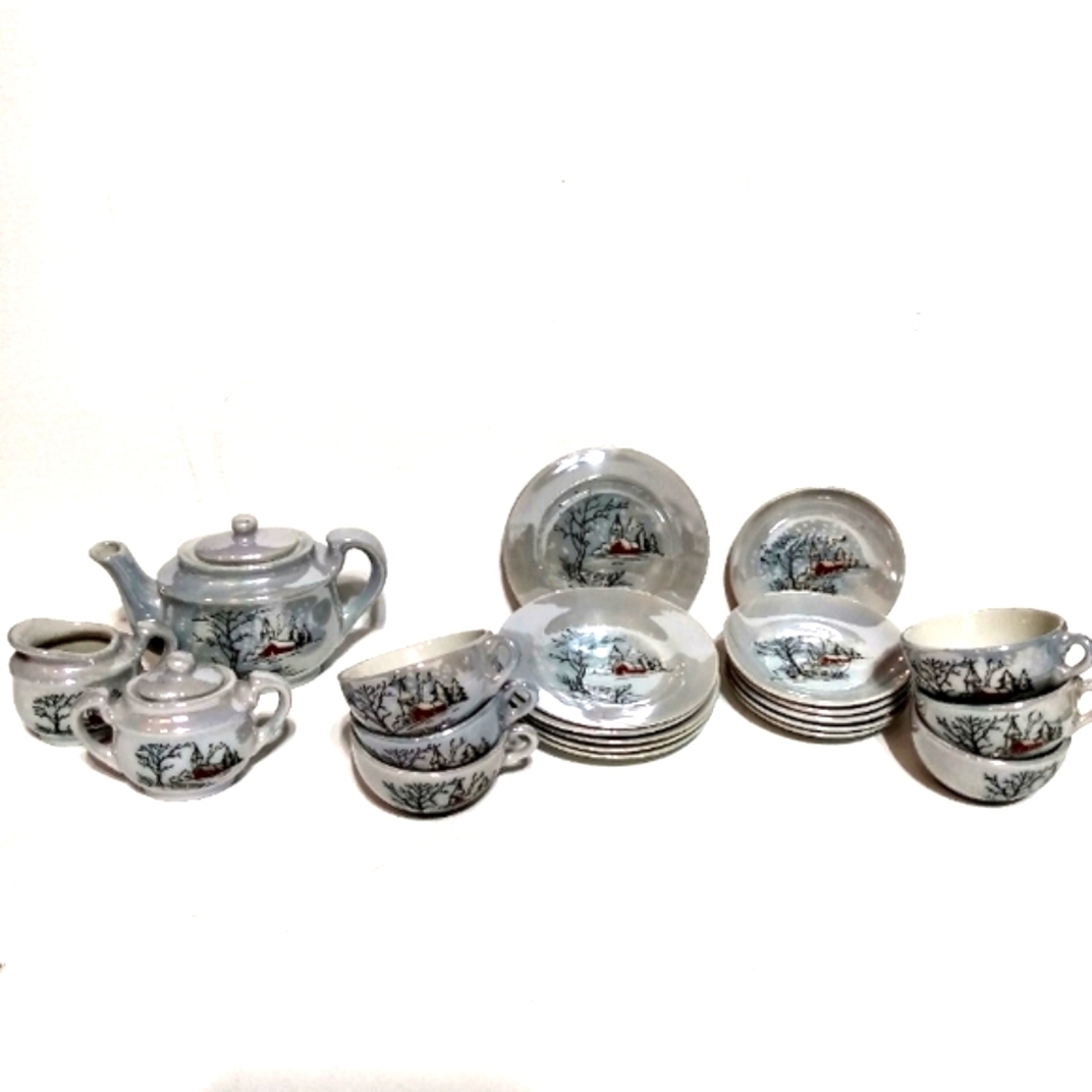 1940's 23 pcs Lusterware Iridescent Blue miniature tea set